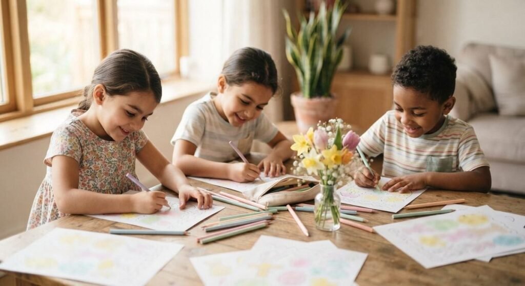 Crianças colorindo desenhos de Páscoa