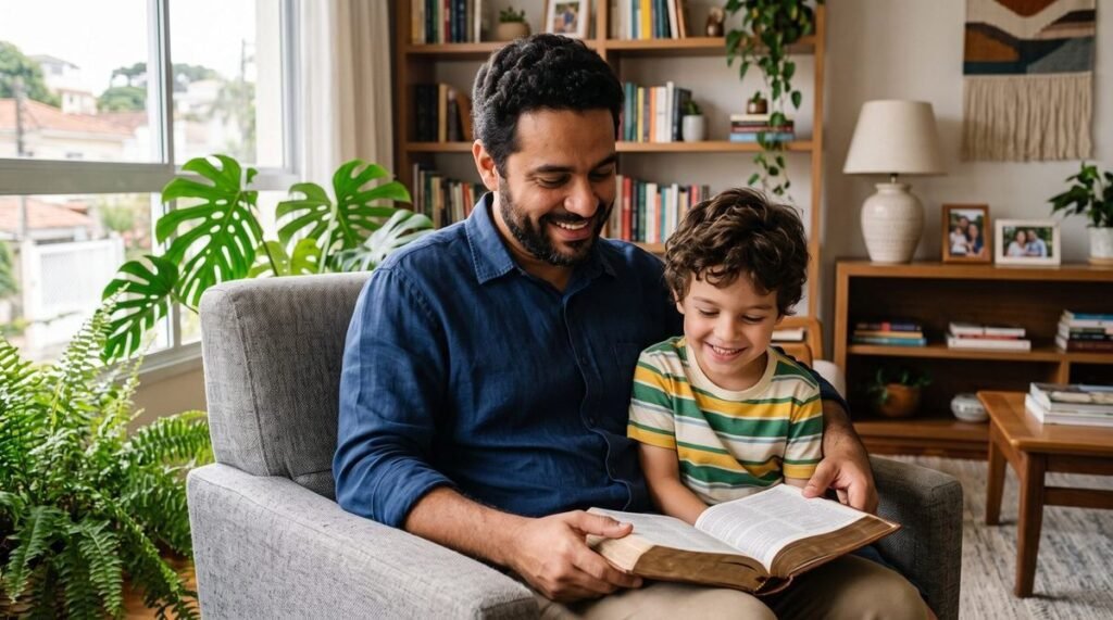 Pai lendo Bíblia com o filho na poltrona